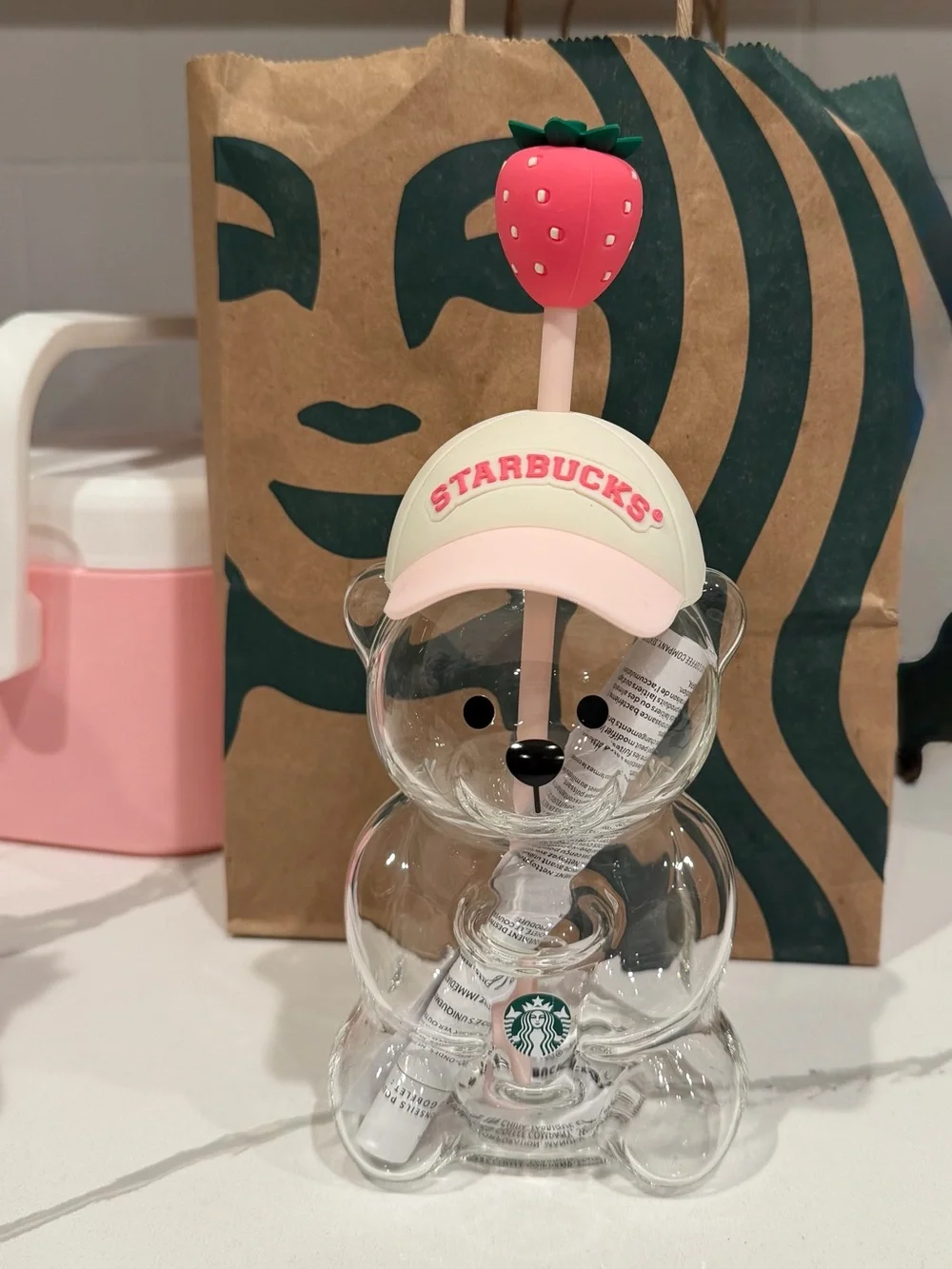 Starbucks Clear Bear Bottle with Pink Hat and Strawberry Straw